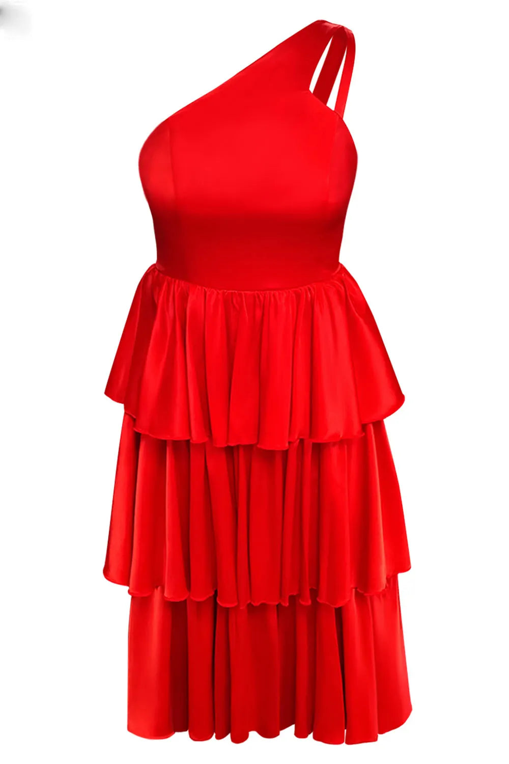 One Shoulder Cinch Waist Layered Ruffles Party Midi Dresses-Red