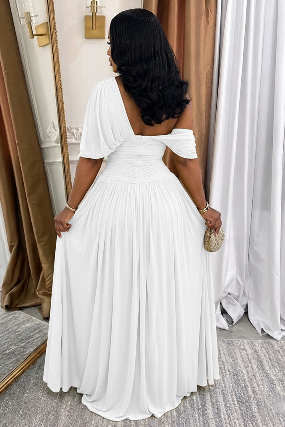 One Shoulder Cinch Waist Ruched A-Line Casual Maxi Dresses-Olive