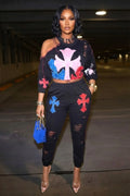 Pattern Print Ripped 3/4 Sleeve Top Skinny Pants 2pcs Set-Black