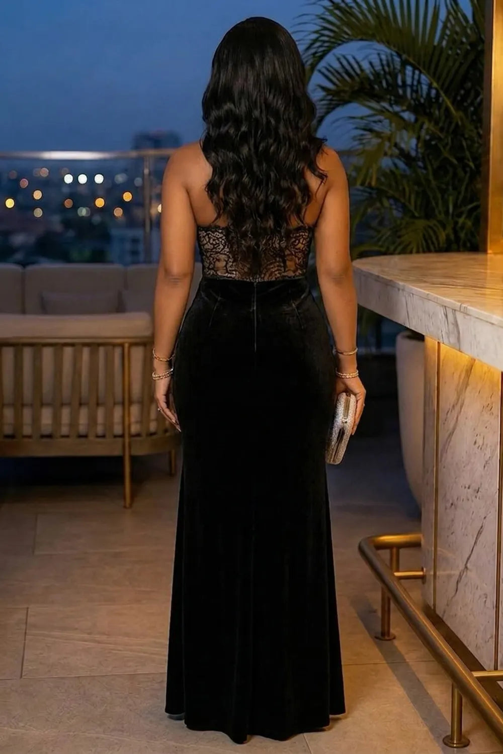 Halter Neck Lace Patchwork High Slit Party Maxi Dresses-Black