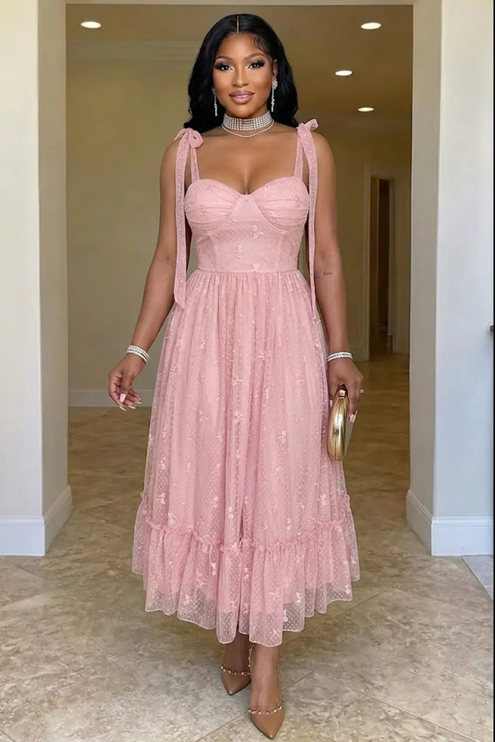 Spaghetti Strap Sweetheart Neck Lace Mesh Party Maxi Dresses-Red