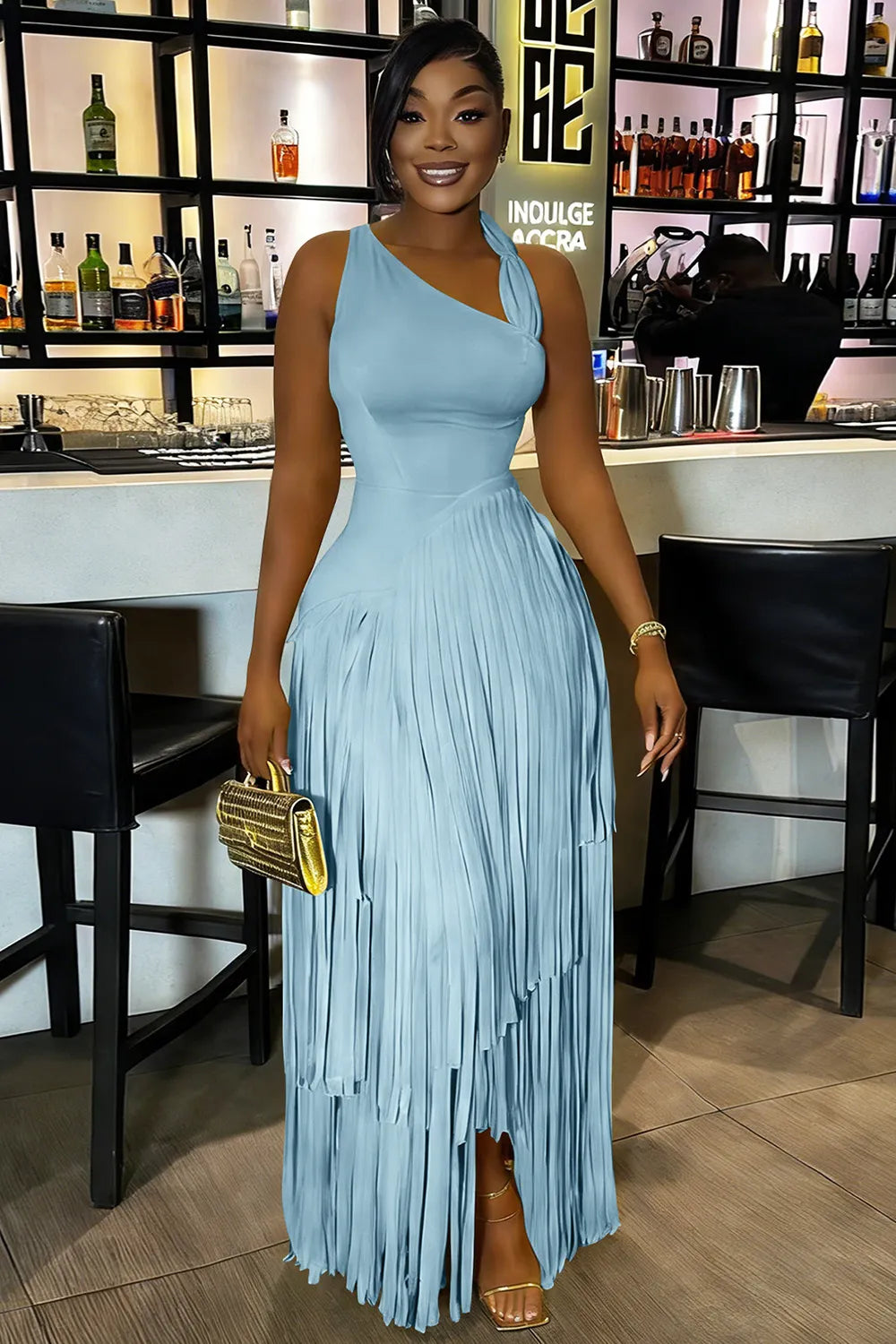 Wide Straps Cinch Waist Fringe Solid Color Maxi Dresses-Yellow