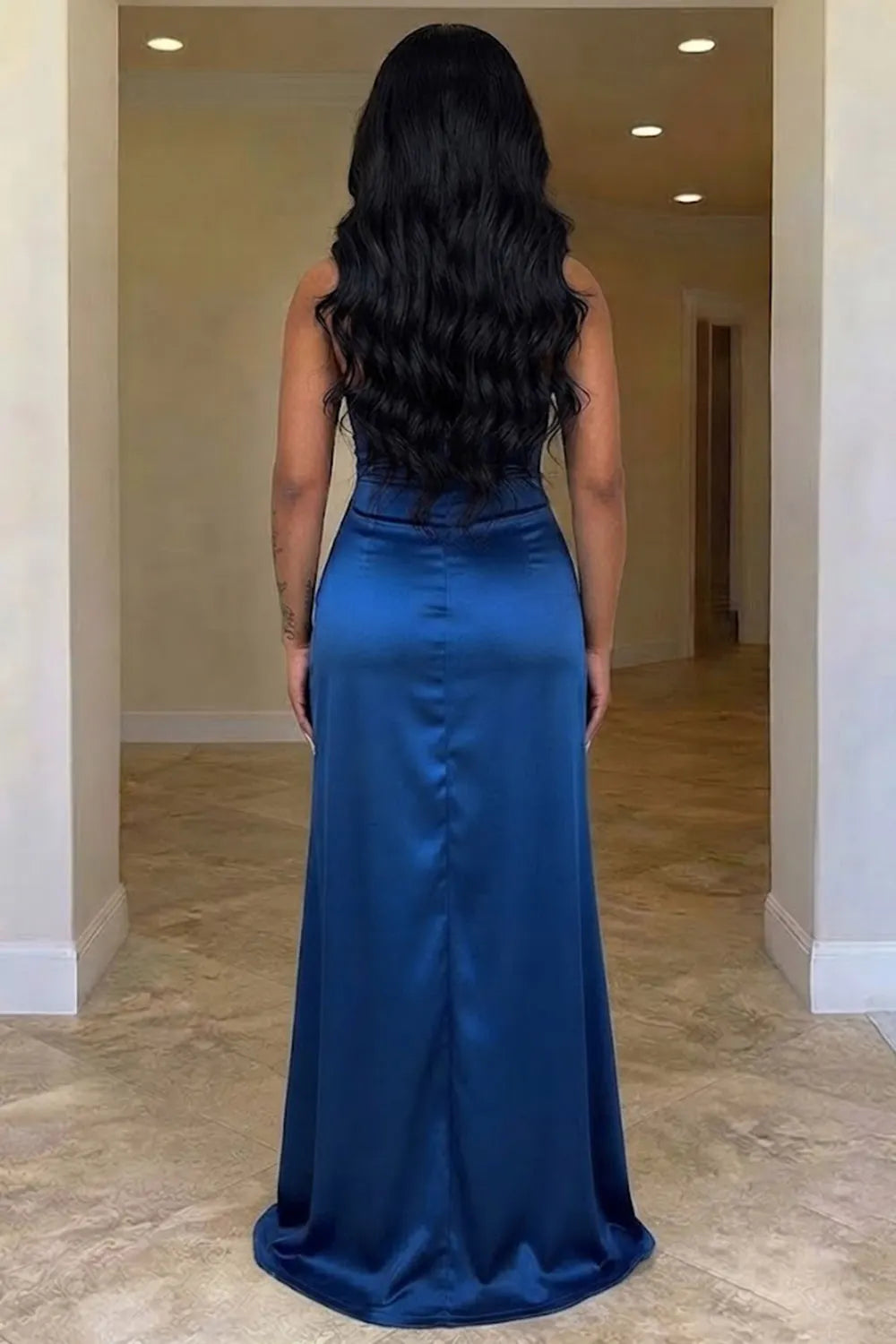 Strapless Draped Cinch Waist High Slit Satin Evening Gowns Maxi Dresses-Champagne