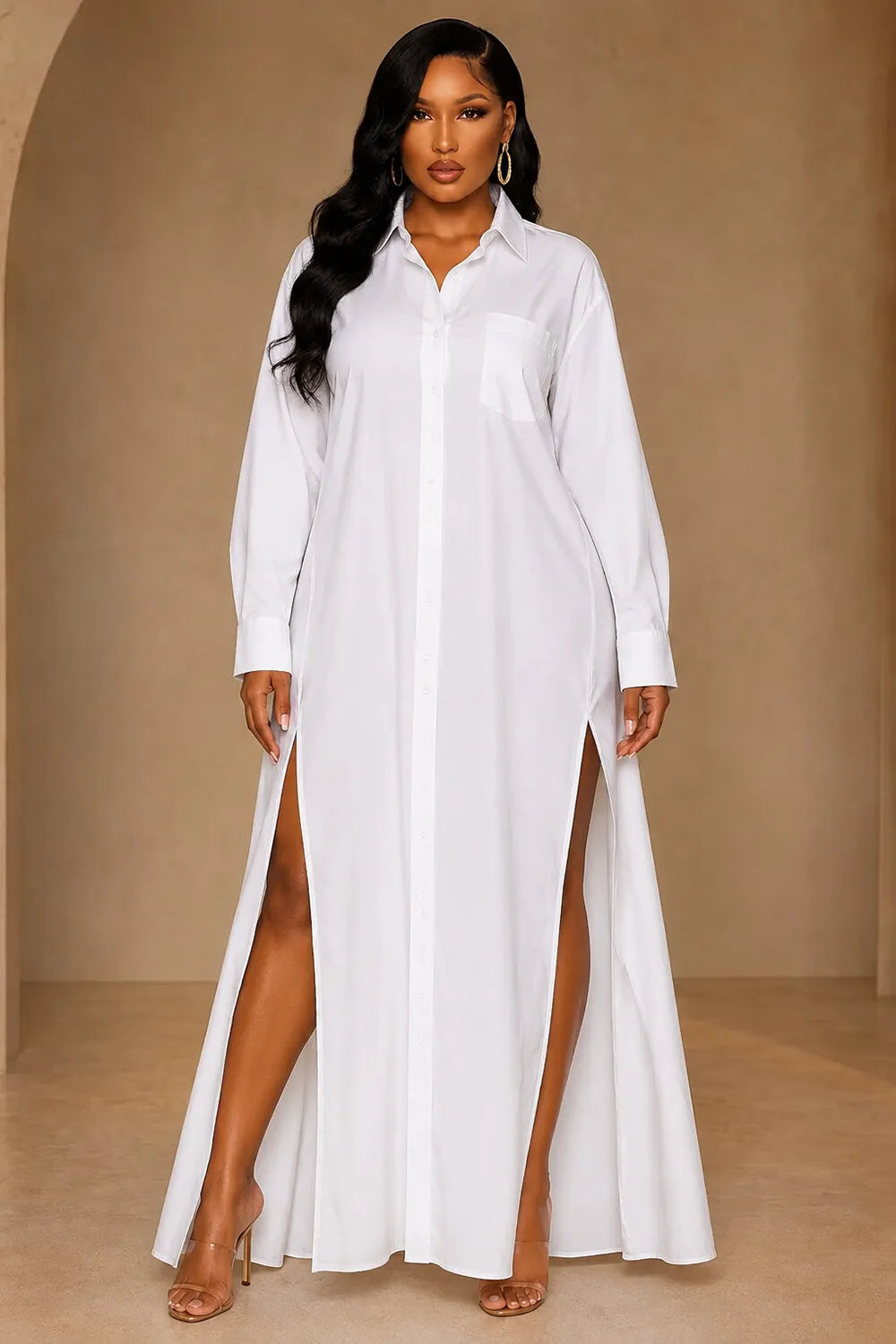 Turndown Collar Single Breasted Split Hem Loose Fit Maxi Shirt Dresses-Blue