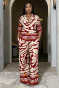 All Over Abstract Print Short Sleeve Blouse Wide Leg Pants 2pcs Set-Red