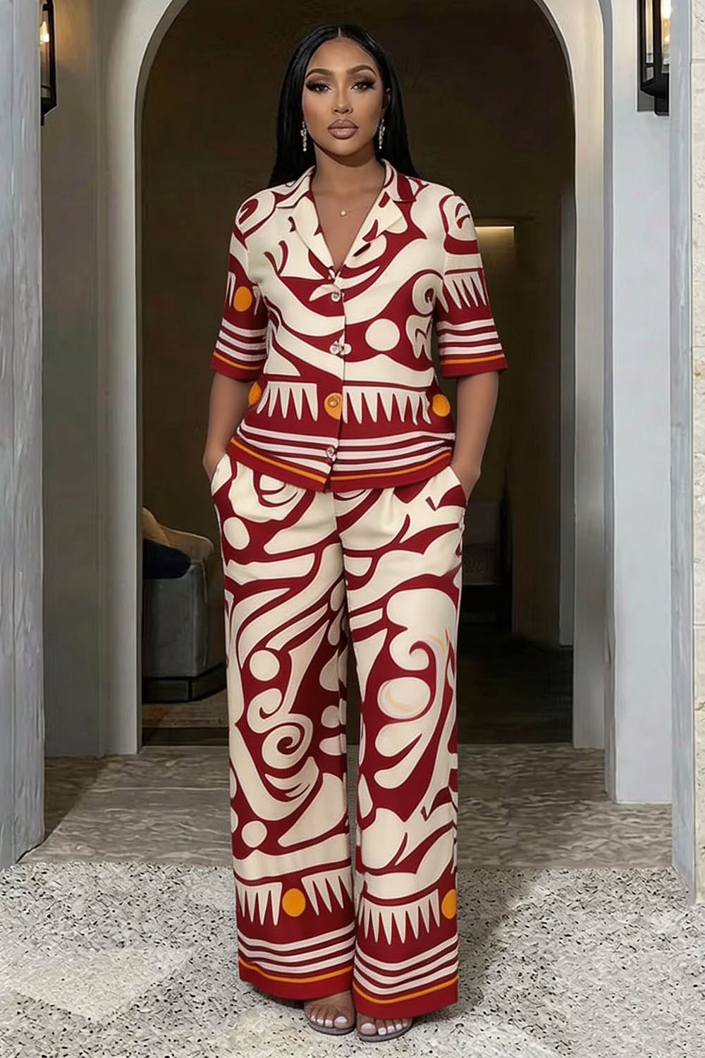 All Over Abstract Print Short Sleeve Blouse Wide Leg Pants 2pcs Set-Red