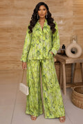 Tie Dye Stand Collar Long Sleeve Shirt Wide Leg Pants Casual 2pcs Set-Green