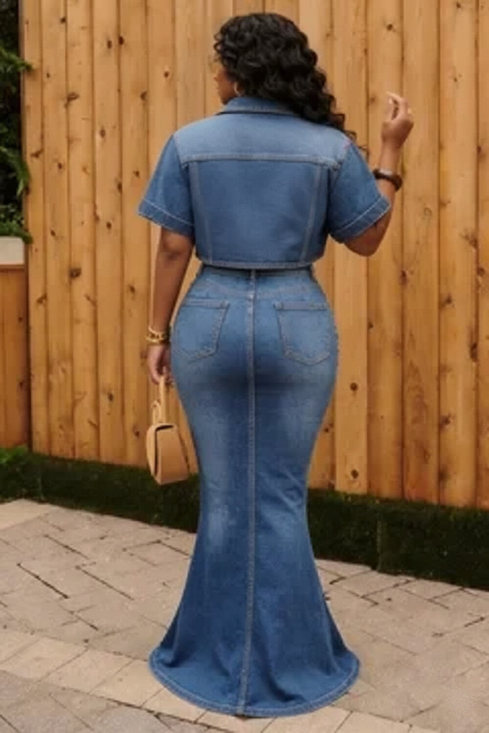 Denim Short Sleeve Top Fishtail Maxi Skirt Casual 2pcs Set-Blue