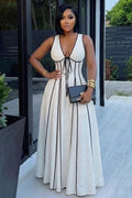 Deep V Neck Tie Ruffle Trim Hem Casual Maxi Dresses-White