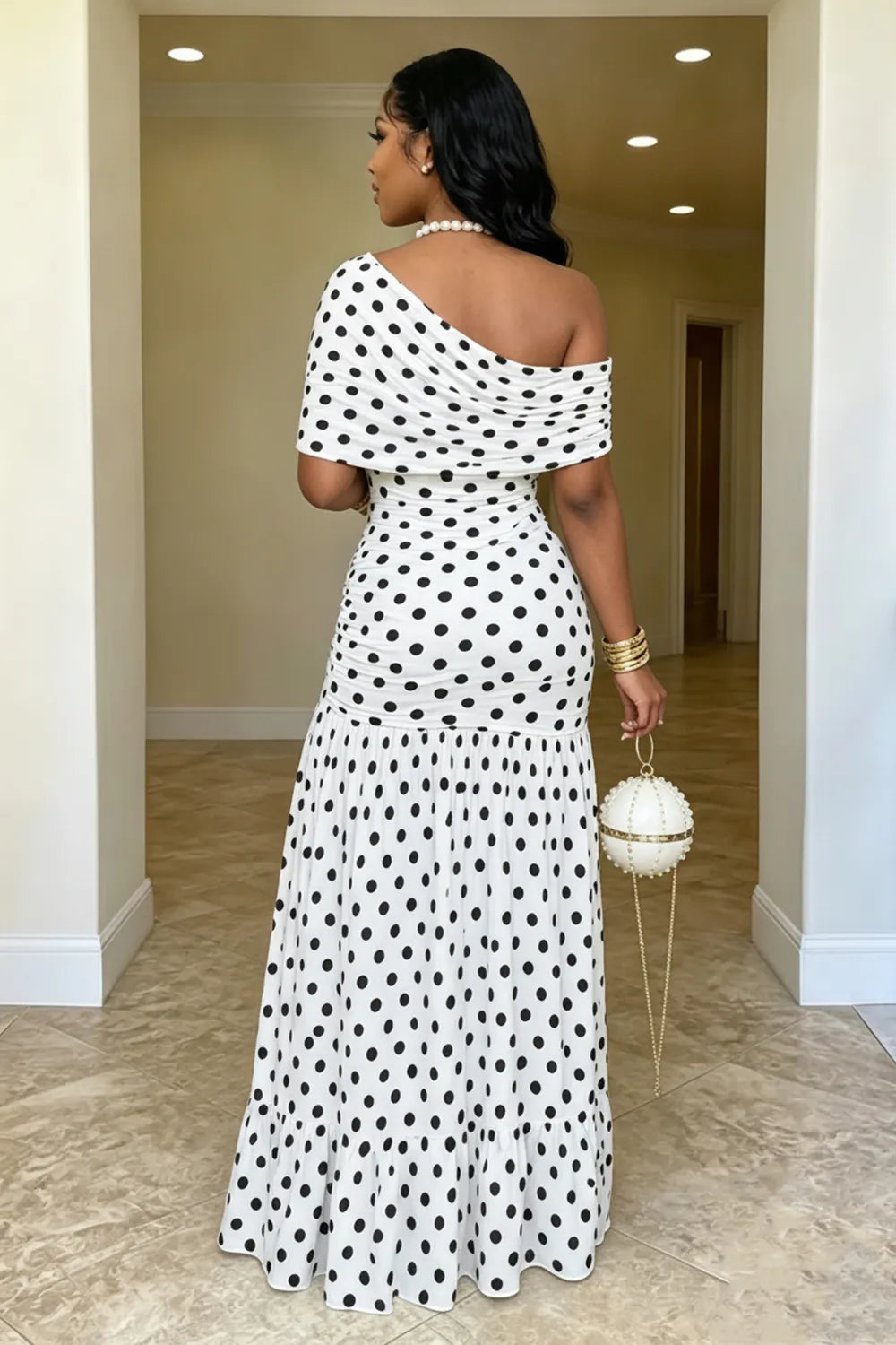 Oblique Collar Polka Dot Print High Slit Slim Fit Party Maxi Dresses-White
