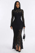 Lace Mock Neck Long Sleeve Slim Fit Mermaid Evening Gowns Maxi Dresses-Black