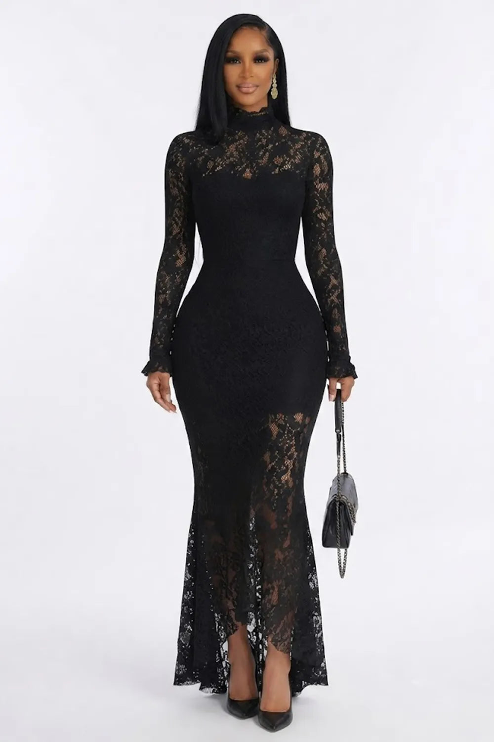 Lace Mock Neck Long Sleeve Slim Fit Mermaid Evening Gowns Maxi Dresses-Black