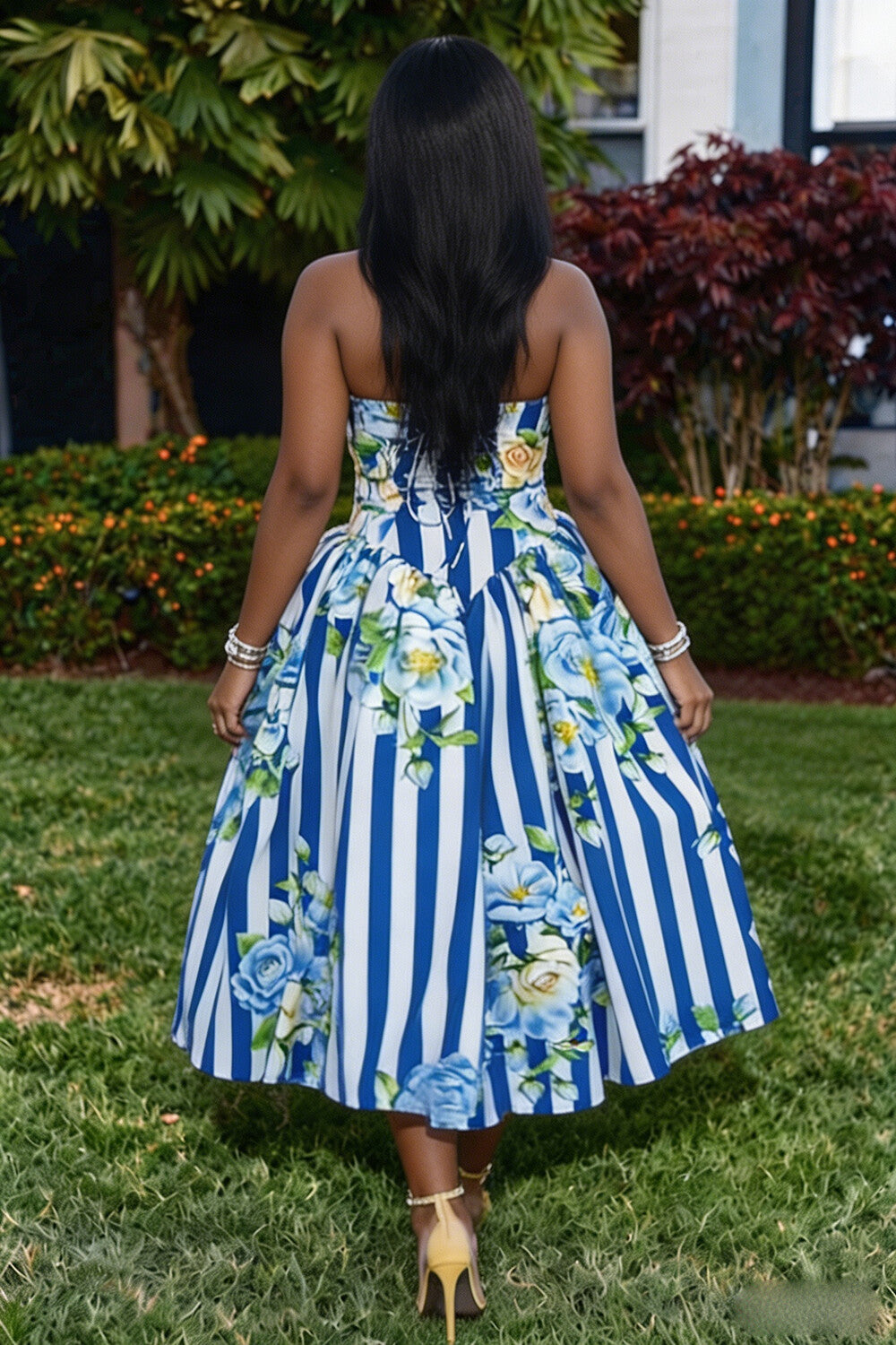Halter Backless Floral Print Bouffant Gowns Maxi Dresses-Blue