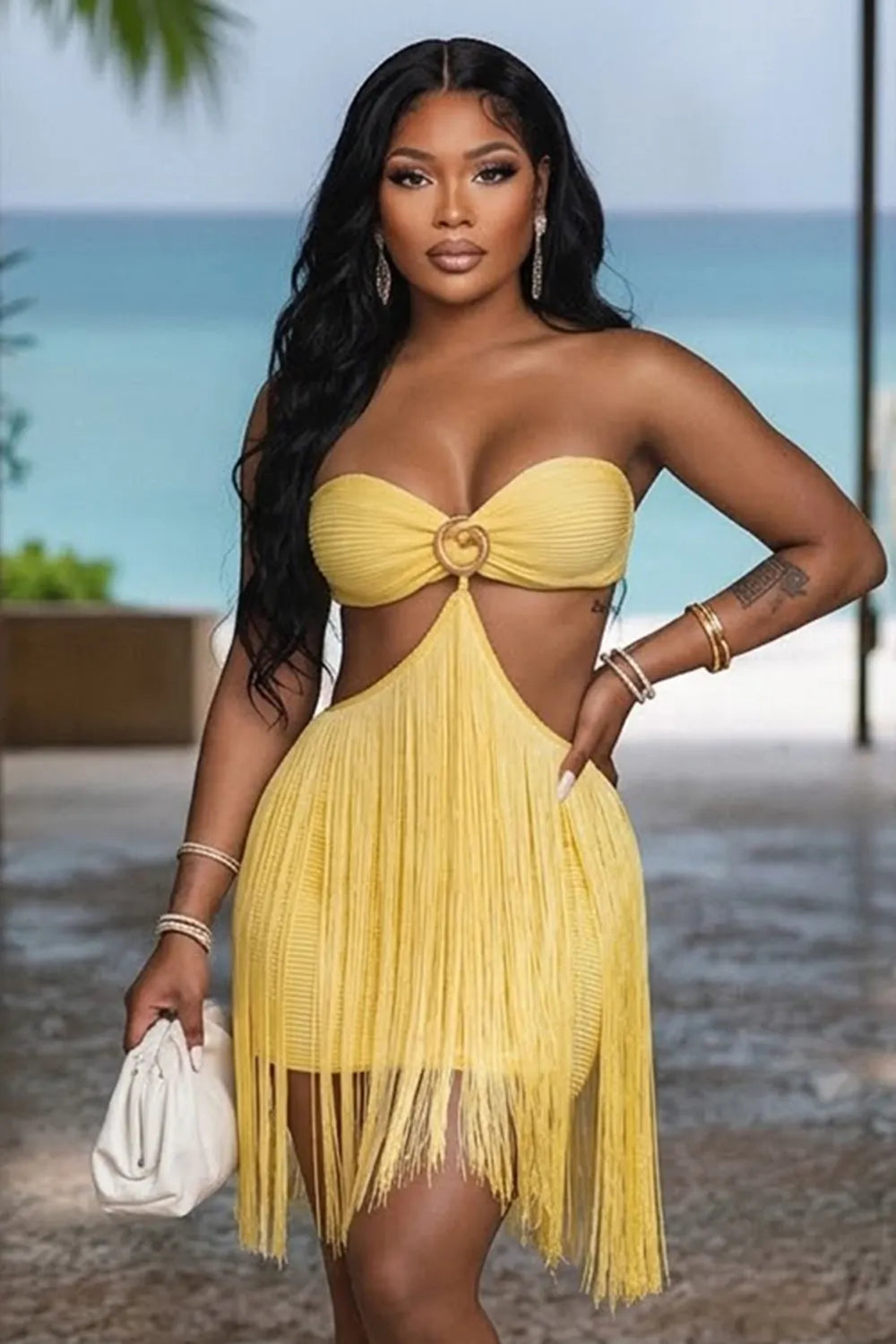 Strapless Metal Decor Cut Out Backless Fringe Party Mini Dresses-Yellow