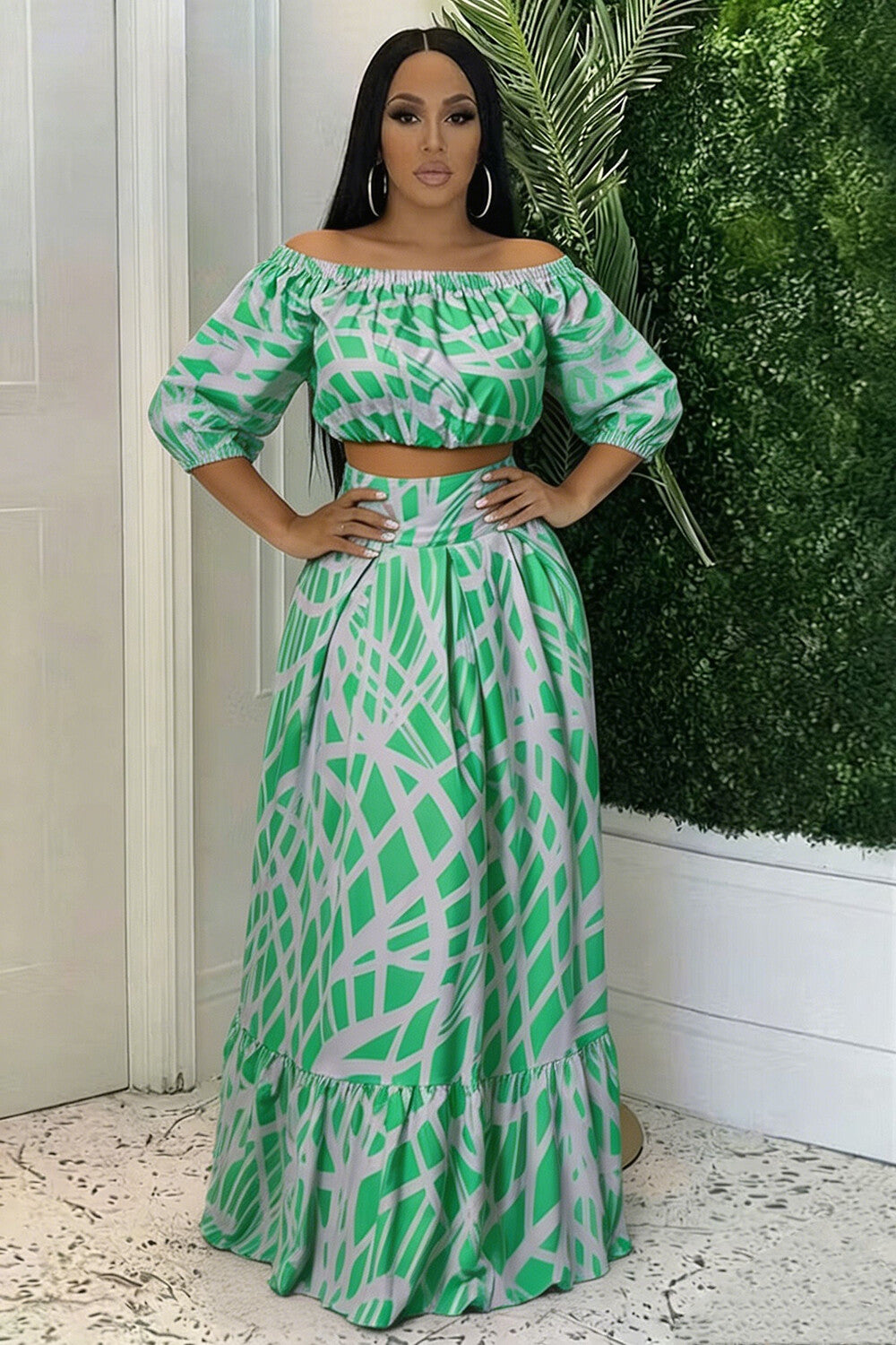 All Over Print Boat Neck Crop Top Bouffant Maxi Skirt Casual 2pcs Set-Purple