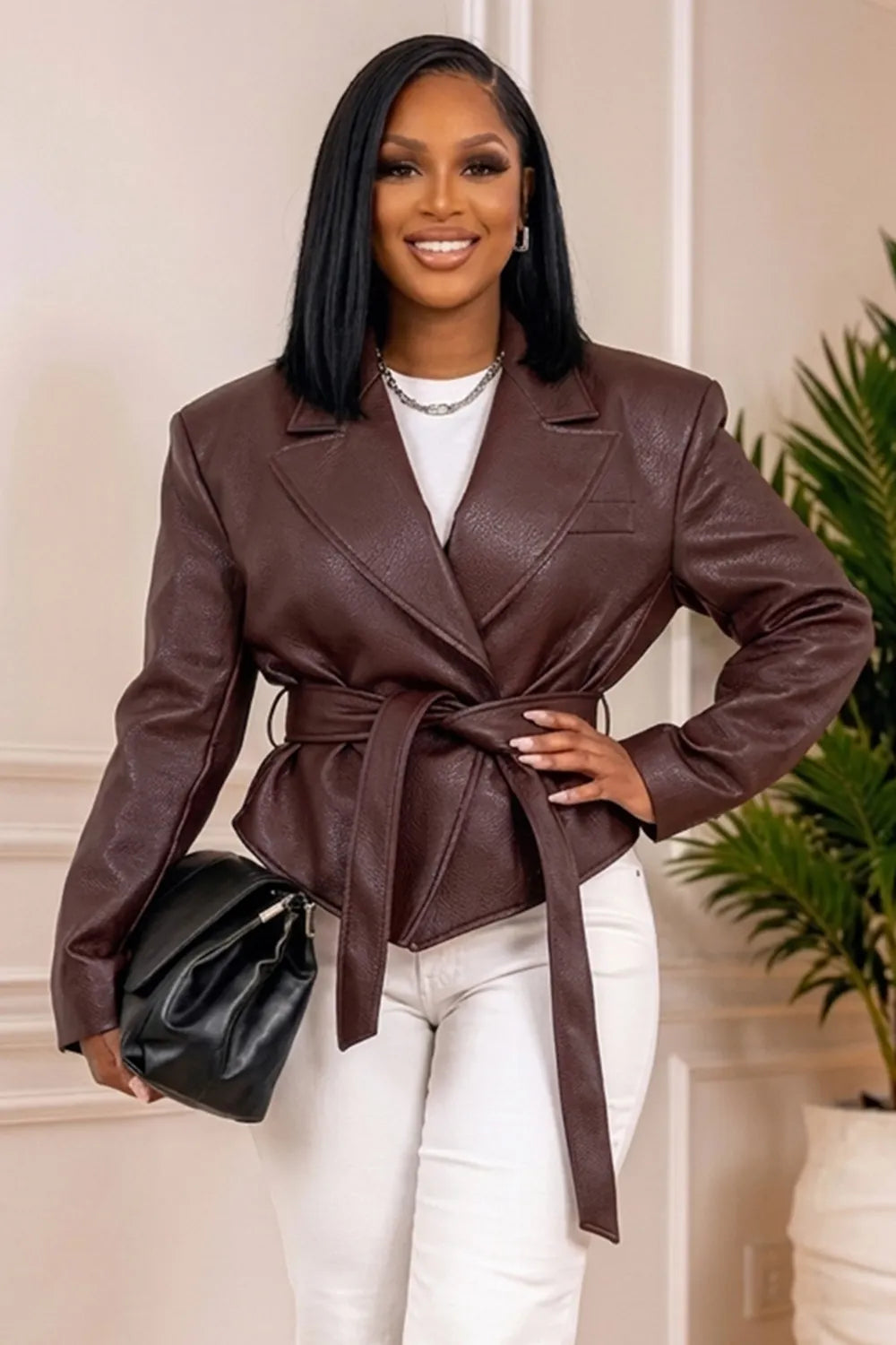 Solid Color Notched Lapel Belted Long Sleeve PU Leather Short Jacket-Burgundy