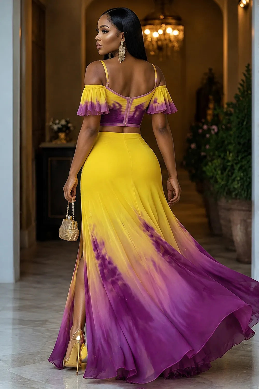 Gradient Corset Top High Slit Maxi Skirt 2pcs Set