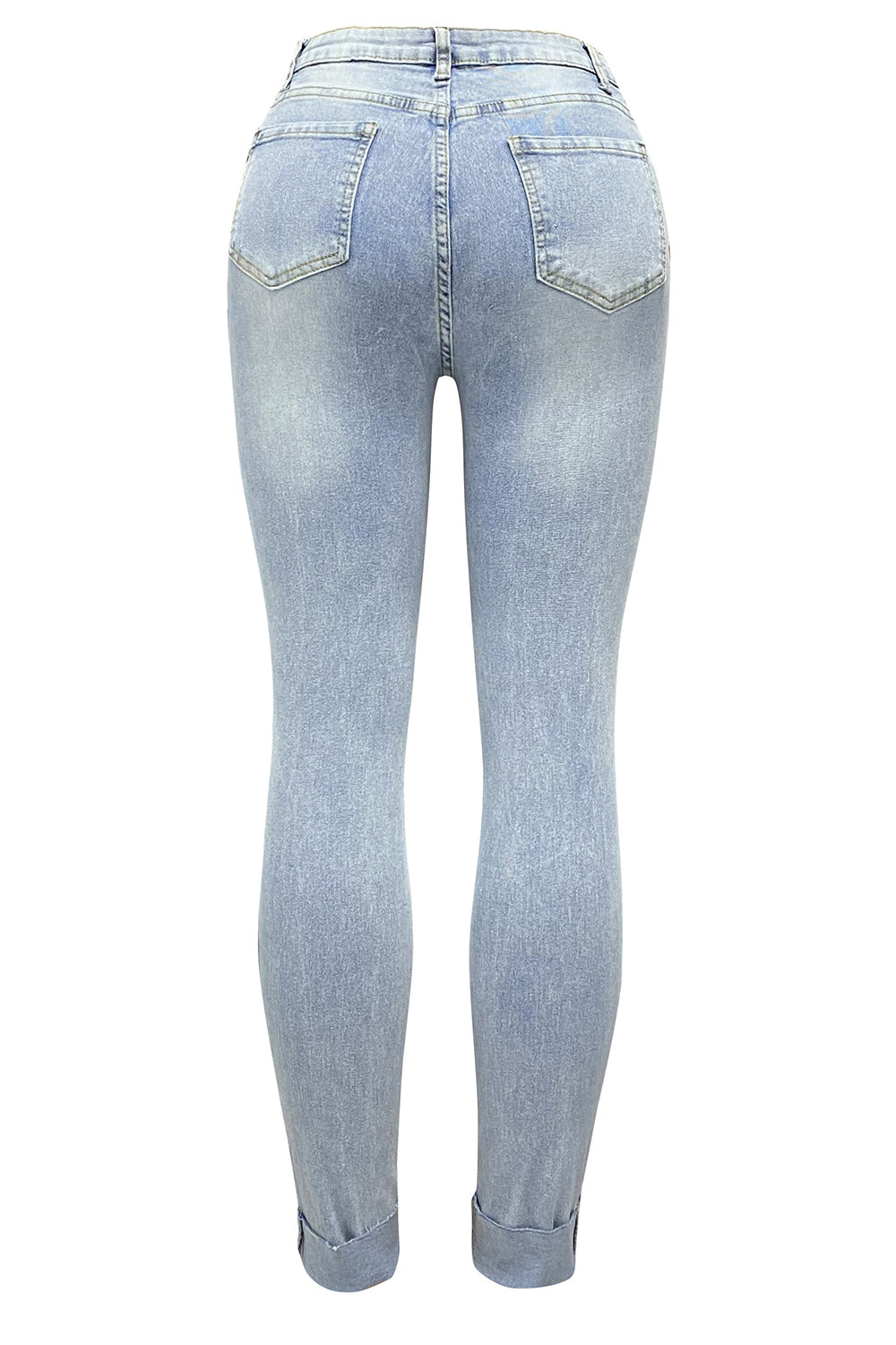 Denim High Waist Ripped Slim Fit Tapered Casual Cuffed Jeans-LightBlue