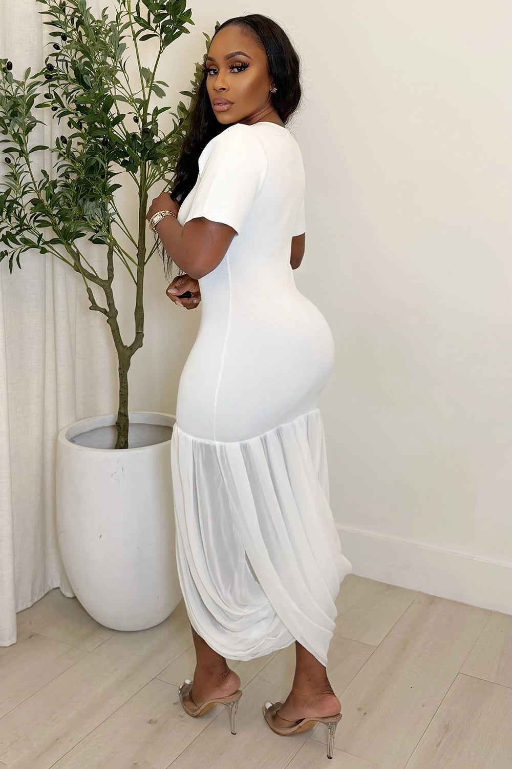 Round Neck Short Sleeve Irregular Hem Casual Midi Dresses-White