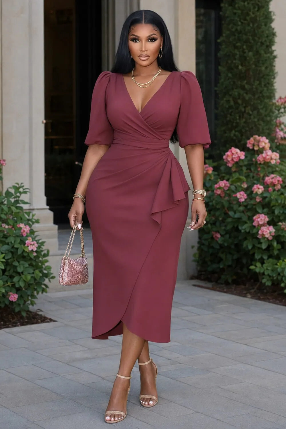 Crossover V Neck Puff Sleeve Ruched Wedding Midi Dresses-Purple
