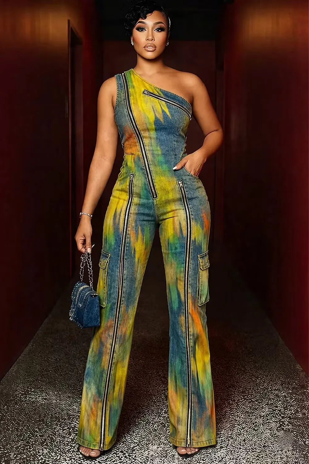 Denim One Shoulder Zipper Slim Fit Casual Jumpsuit