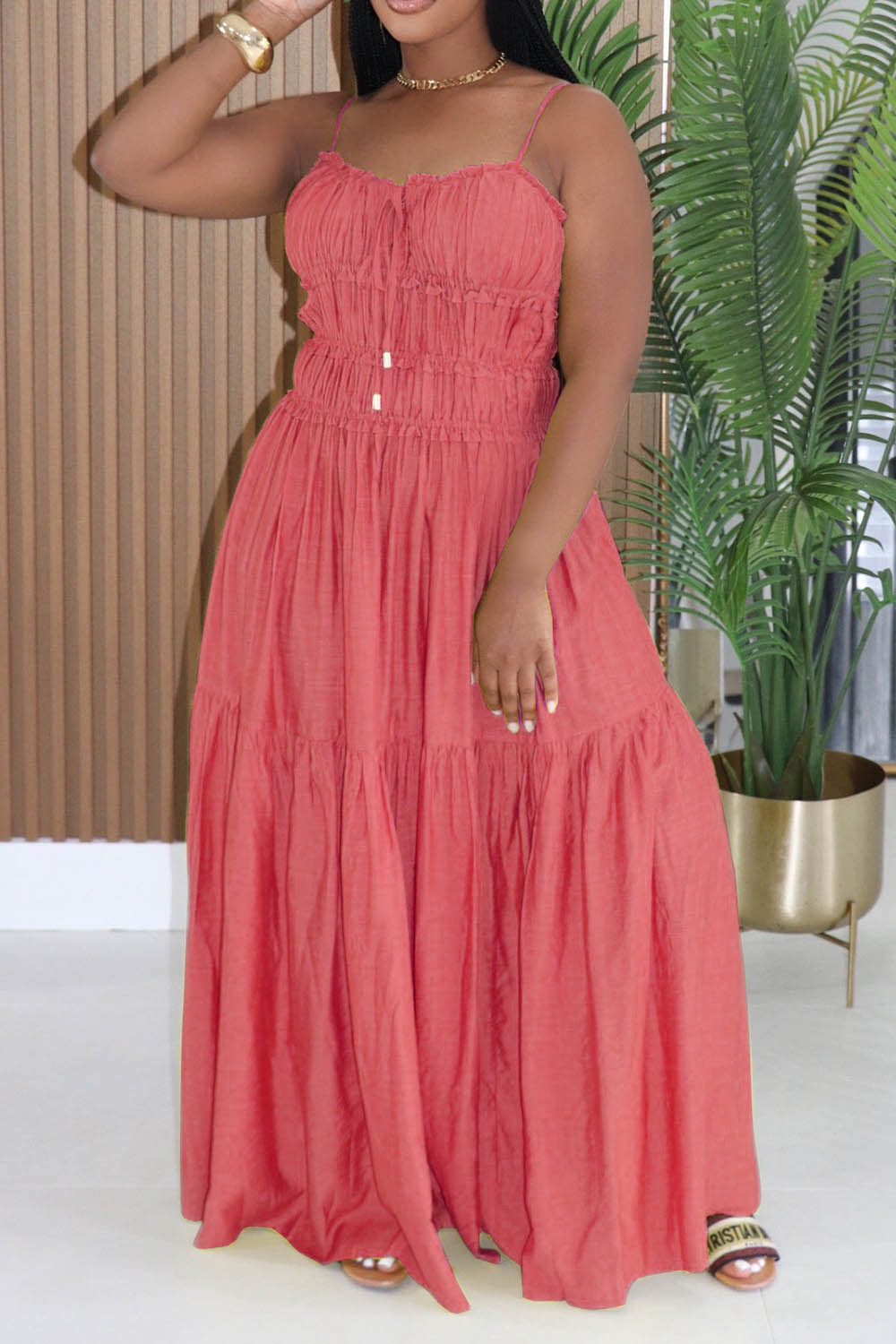 Spaghetti Strap Ruched Solid Color A-Line Vacation Maxi Dresses-Yellow