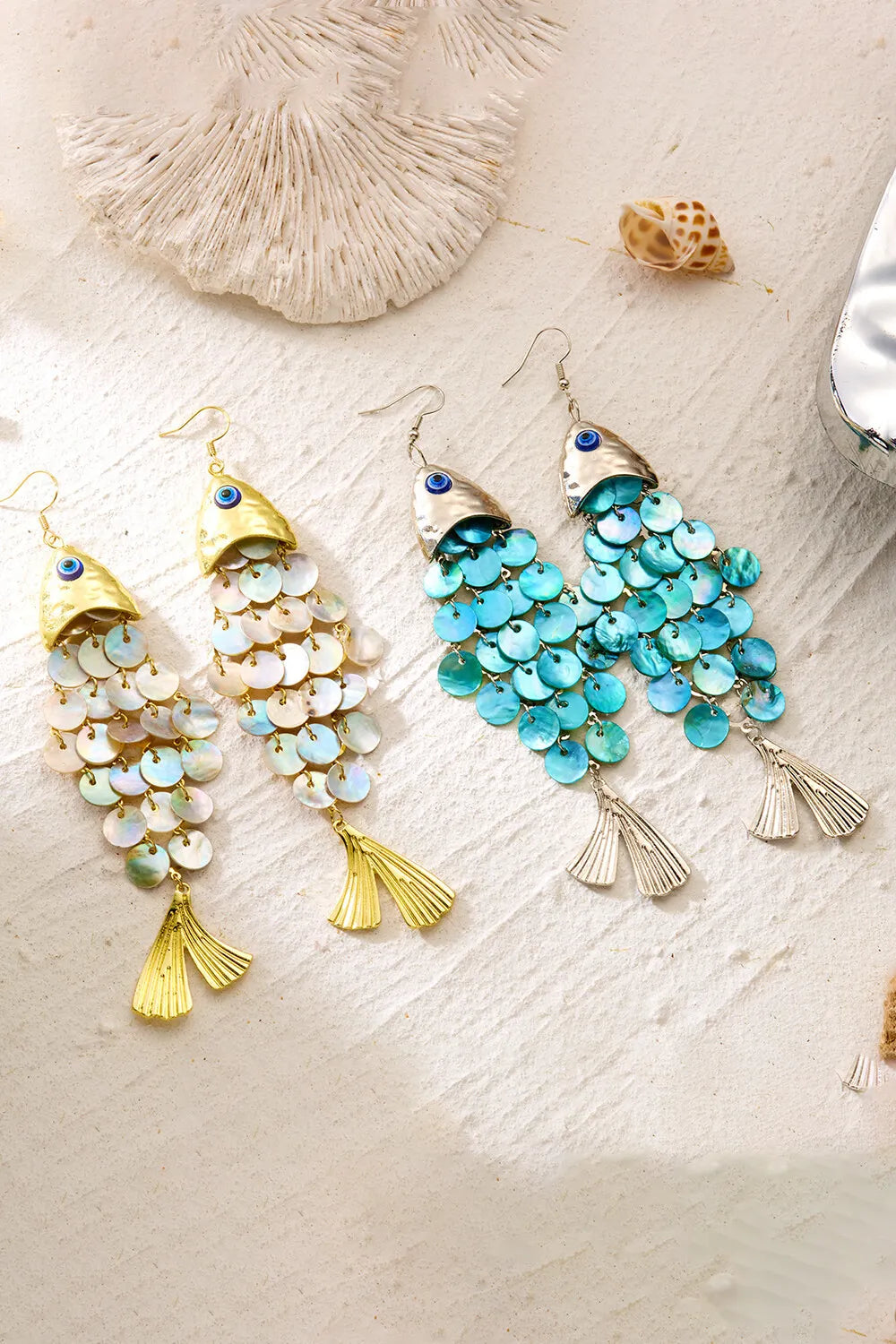 Boho Beach Layered Sequin Fish Tail Charm Long Dangle Earrings