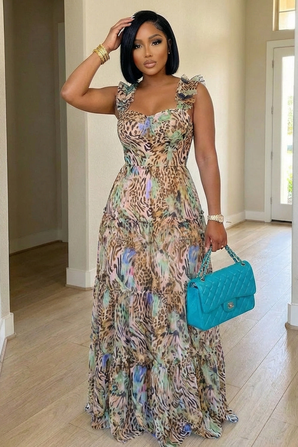 Wide Straps Cinch Waist A-Line Vacation Maxi Dresses