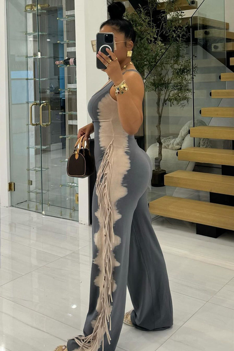 U Neck Cutout Wide Leg Side Fringed Sleeveless Jumpsuit-Gray