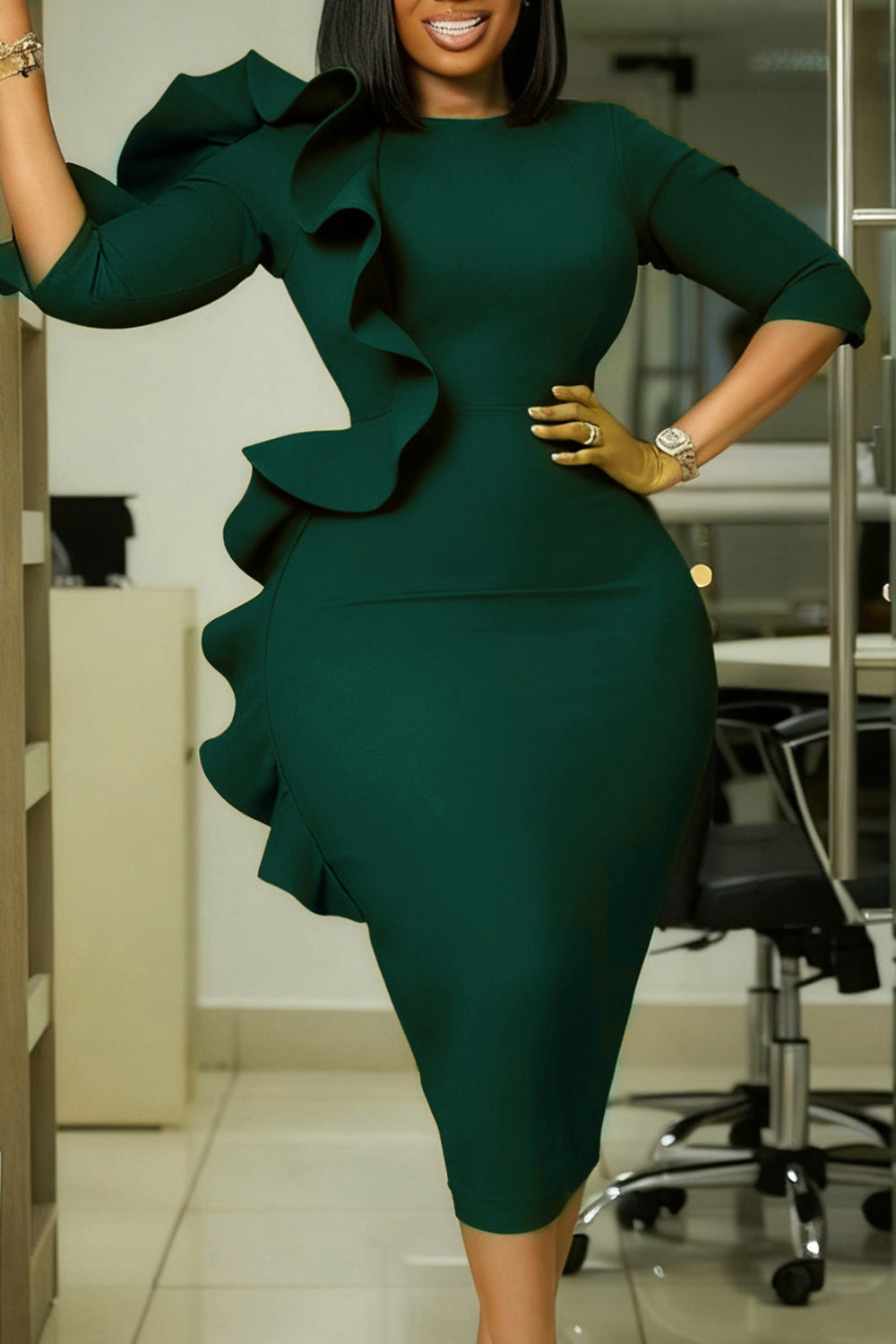 Round Neck Flounced 3/4 Sleeve Bodycon Formal Midi Dresses-Navy