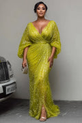 Surplice Neck 3/4 Sleeve Sequin Mesh Party Maxi Dresses-Green