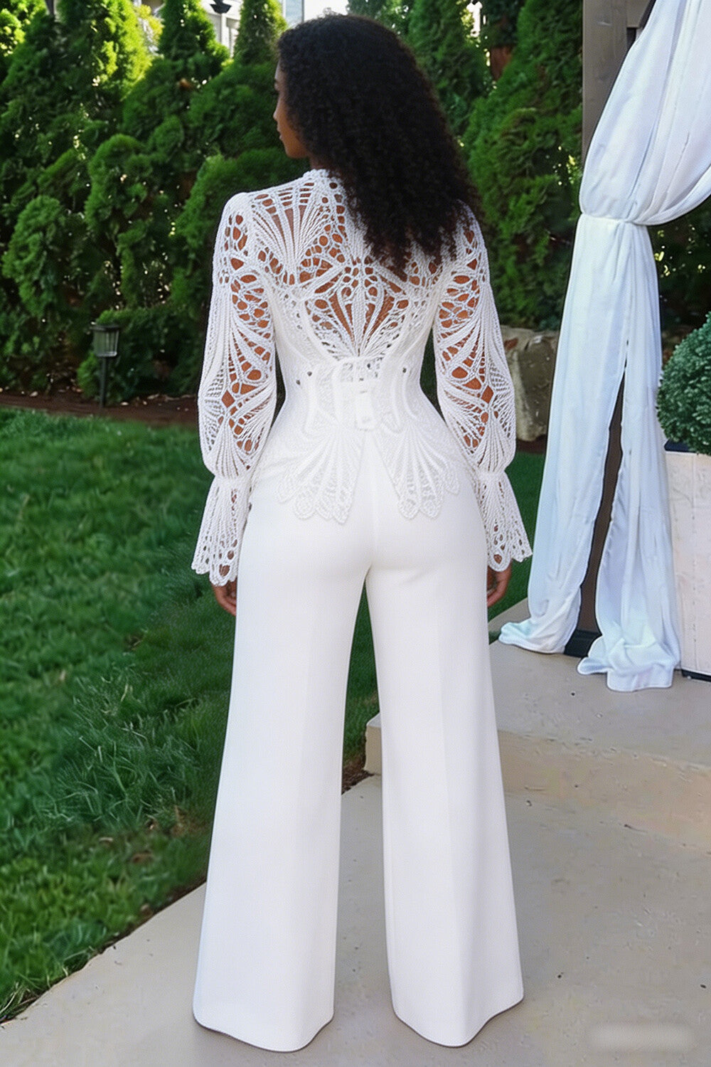 Round Neck Hollow Top Straight Leg Pants Casual 2pcs Set-White