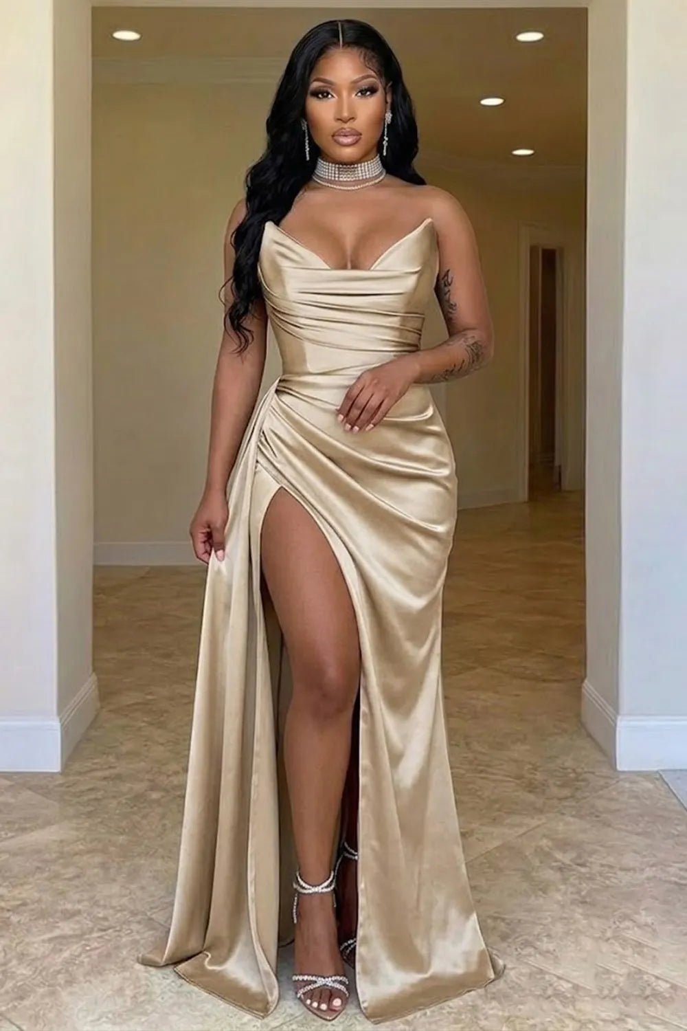 Strapless Draped Cinch Waist High Slit Satin Evening Gowns Maxi Dresses-Champagne