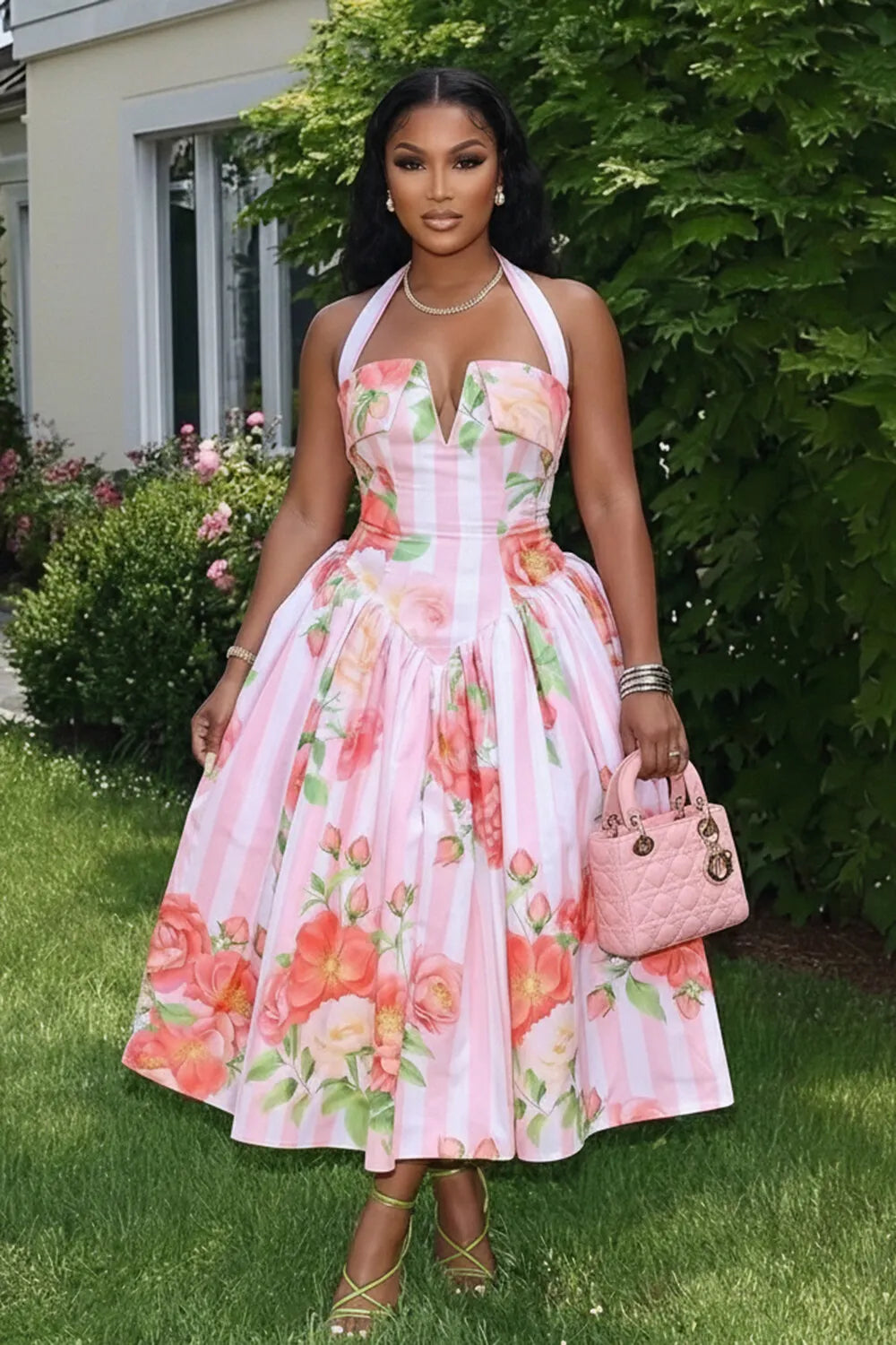 Halter V Cut Backless Floral Print A-Line Gowns Maxi Dresses-Pink