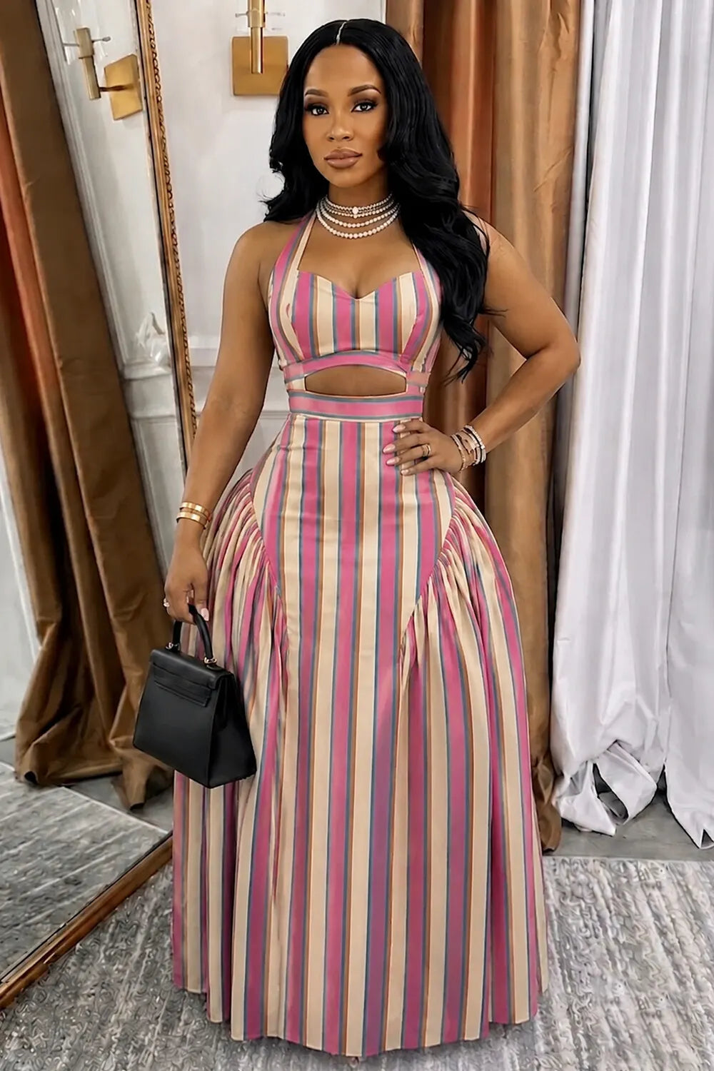Striped Print Halter Neck Cut Out A-Line Party Maxi Dresses-Pink